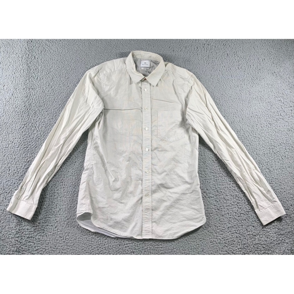 PS Paul Smith Button Up Shirt Men M Slim Fit Cream Micro Dot Long Sleeve